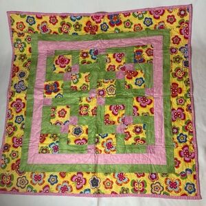 Hand Made Quilt Lap Blanket Wall Hanging Pink Green Yellow Butterflies 37” Sq